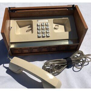 Vtg Western Electric MCM 70s Executive Desk Button Phone Wood Gold Stowaway Box